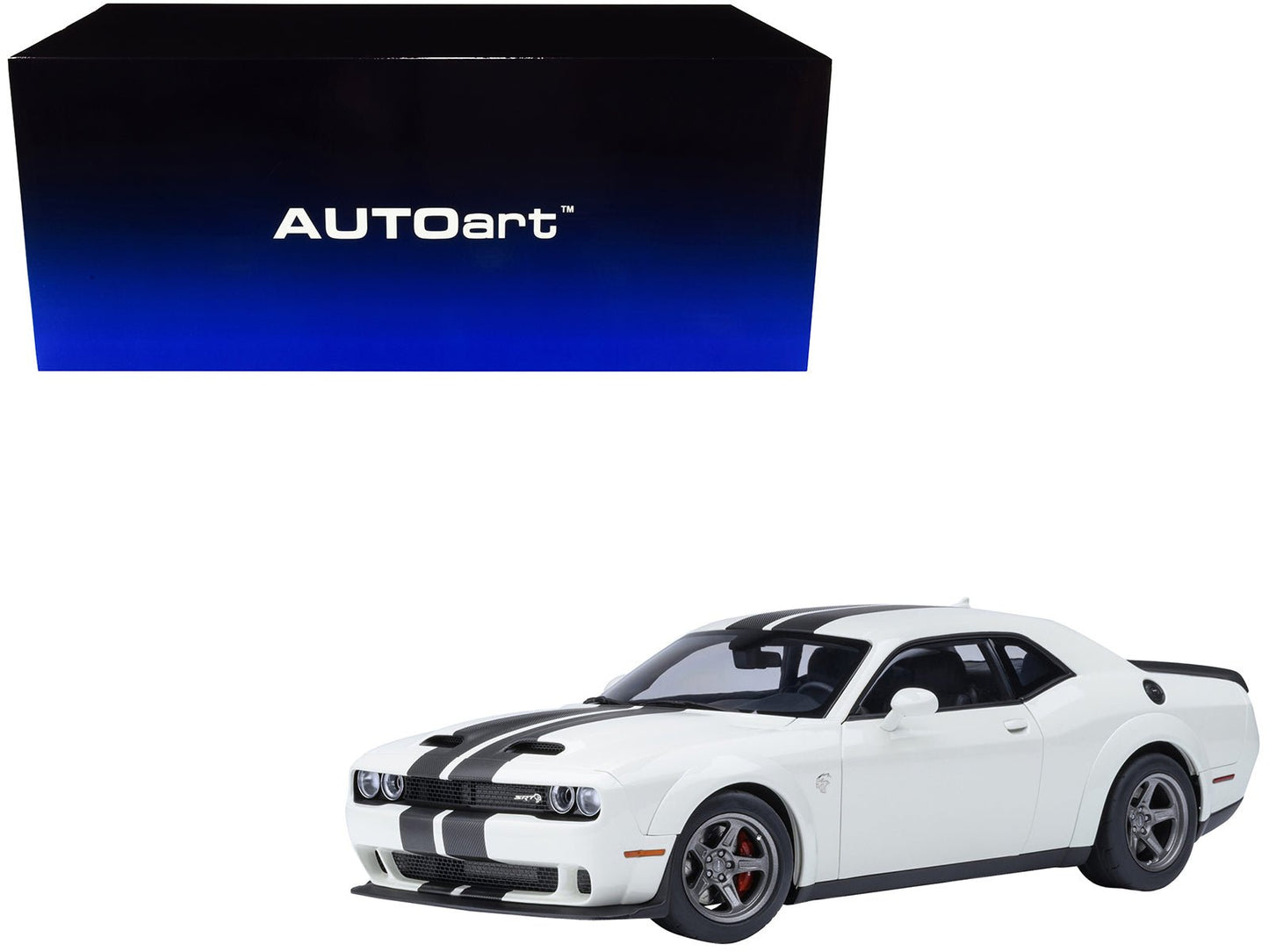 2023 Dodge Challenger SRT Super Stock Knuckle White with Carbon Stripes 1/18 Model Car by Autoart free shipping USA