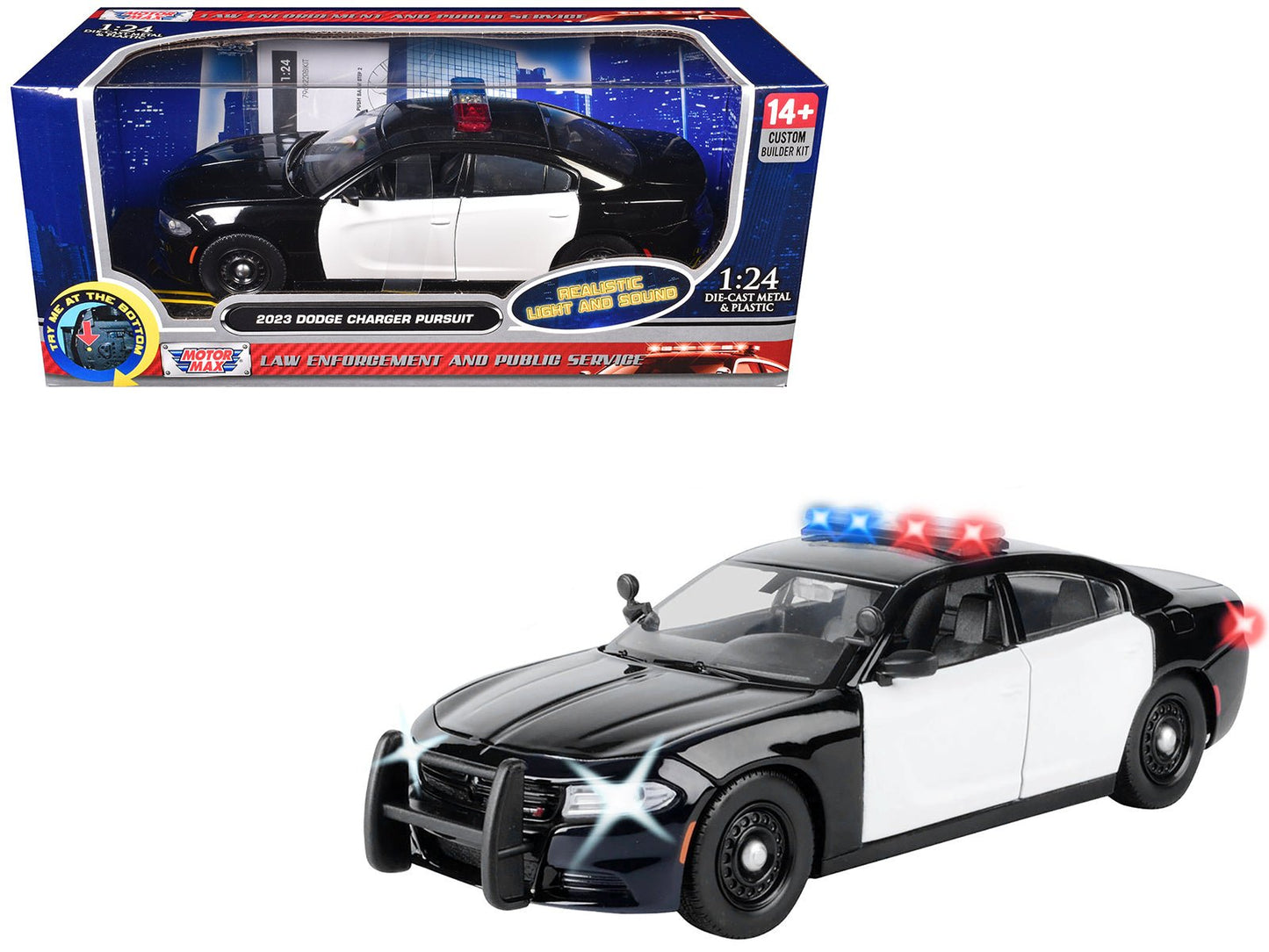 2023 Dodge Charger Pursuit Police Car Black and White with Flashing Light Bar Front and Rear Lights and 2 Sounds "Builder's Kit" 1/24 Diecast Model Car by Motormax free shipping USA