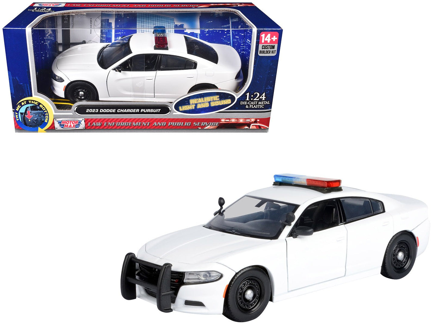 2023 Dodge Charger Pursuit Police Car Unmarked White with Flashing Light Bar Front and Rear Lights and 2 Sounds "Builder's Kit" 1/24 Diecast Model Car by Motormax free shipping USA