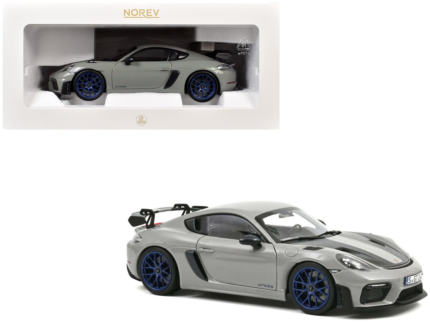2023 Porsche Cayman GT4 RS Weissach Pack Chalk Gray with Carbon Hood Stripes 1/18 Diecast Model Car by Norev free shipping USA