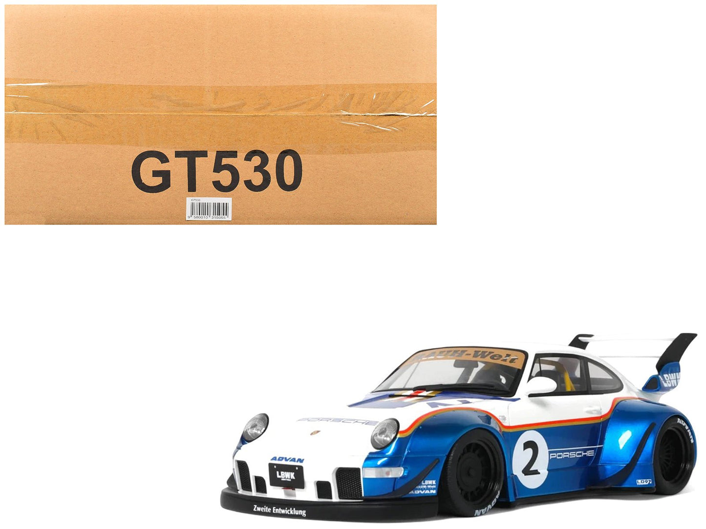 2023 RWB x Liberty Walk 993 #2 White and Blue Metallic with Graphics 1/18 Model Car by GT Spirit free shipping USA