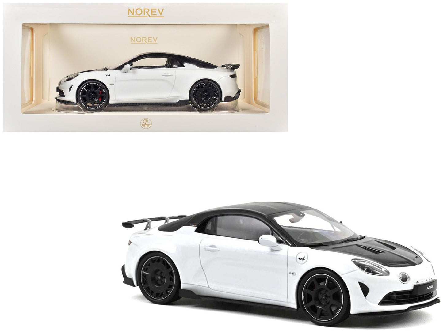2024 Alpine A110 R Pearl White Metallic with Carbon Hood and Top 1/18 Diecast Model Car by Norev free shipping USA