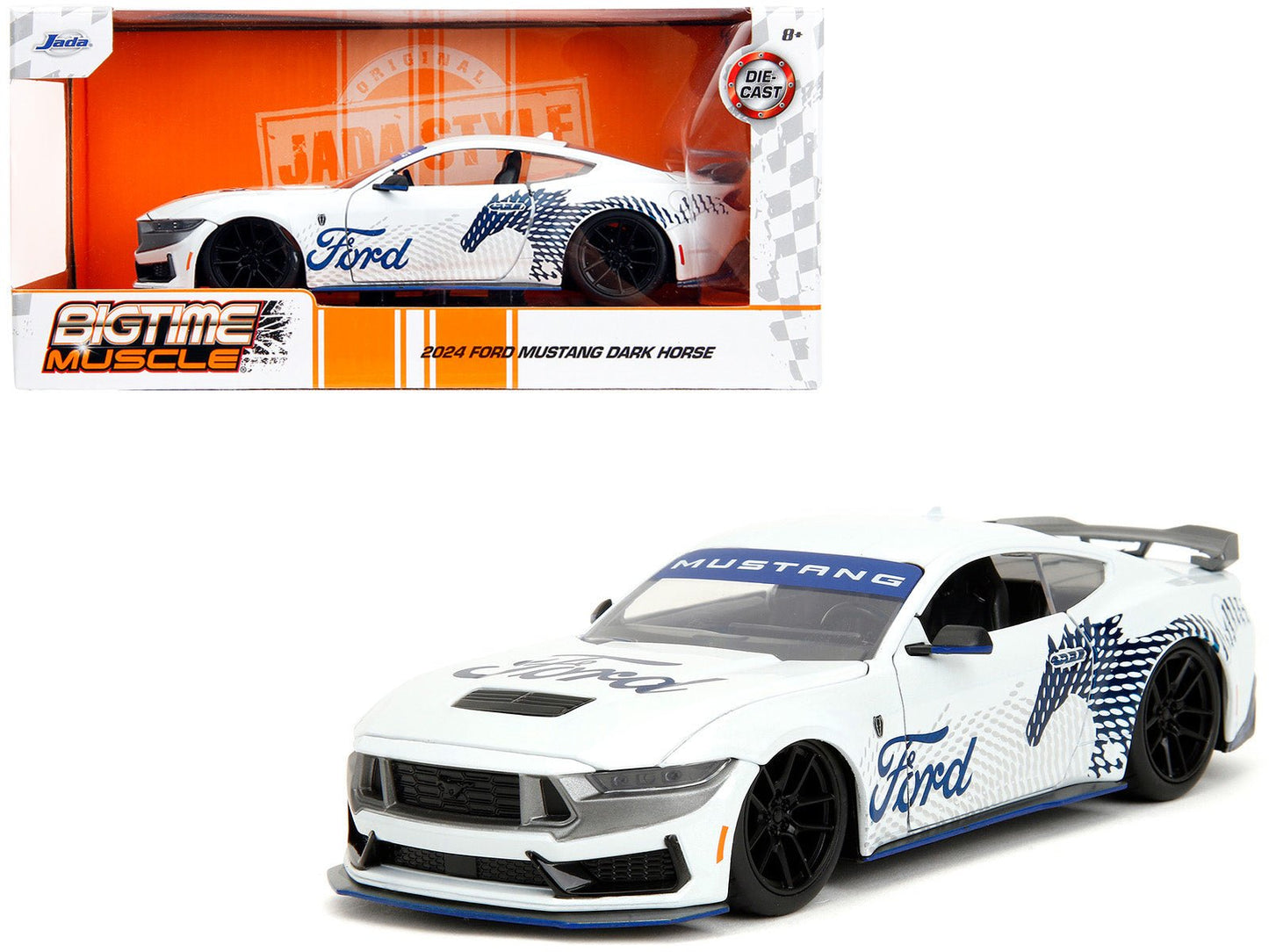 2024 Ford Mustang Dark Horse White with "Mustang Horse Graphics" "Bigtime Muscle" Series 1/24 Diecast Model Car by Jada free shipping USA