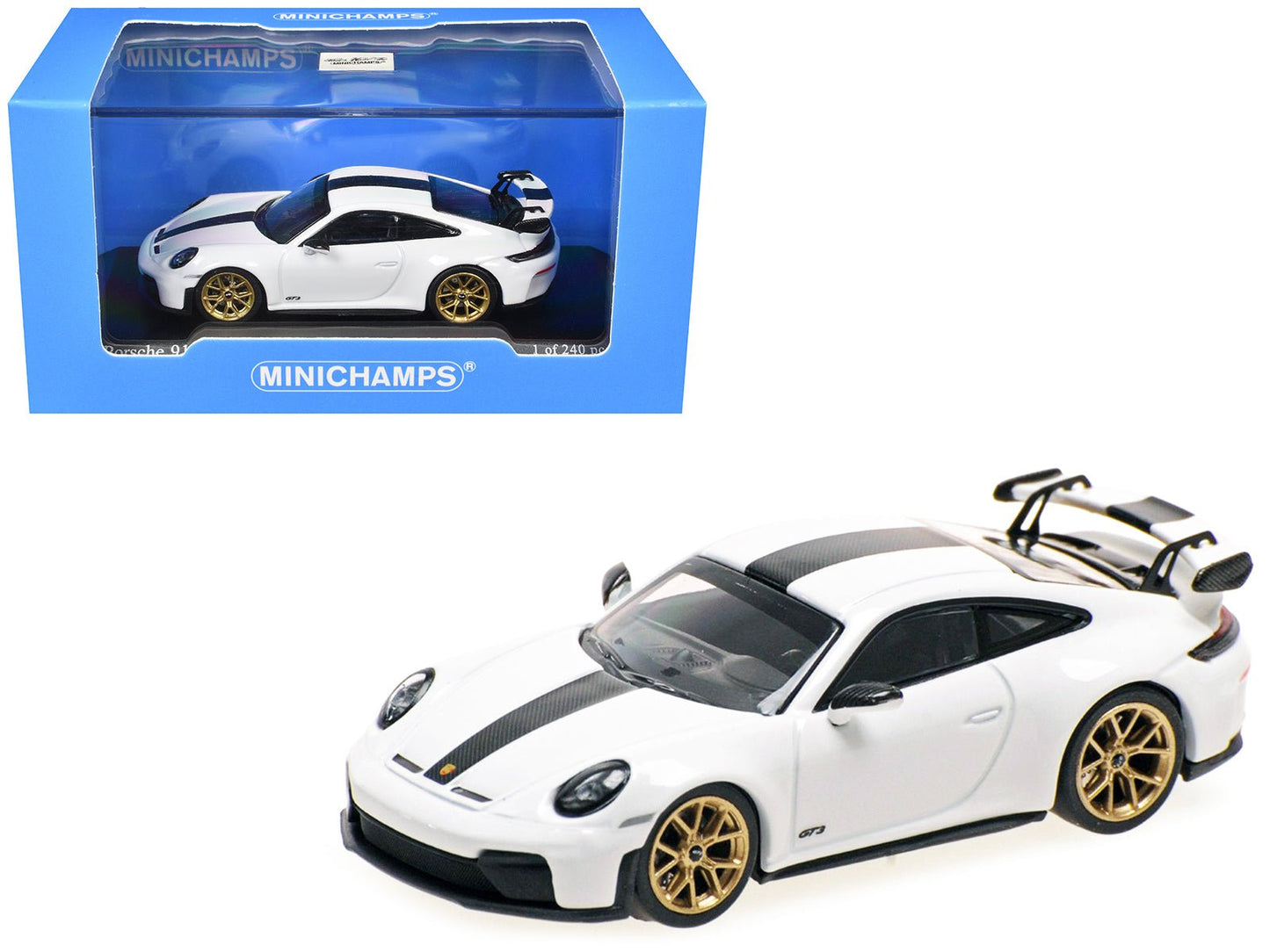 2025 Porsche 911 (992.2) GT3 Weissach Package White with Carbon Stripe Limited Edition to 240 pieces Worldwide 1/64 Diecast Model Car by Minichamps free shipping USA