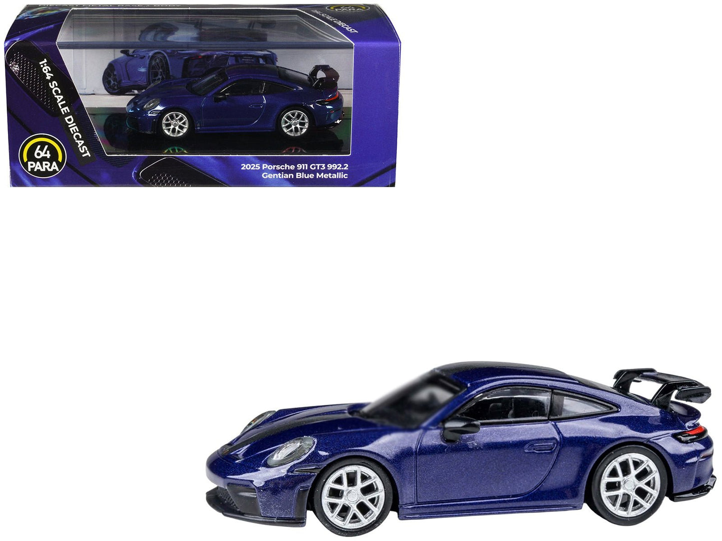 2025 Porsche 911 GT3 (992.2) Gentian Blue Metallic with Carbon Stripe 1/64 Diecast Model Car by Paragon Models free shipping USA