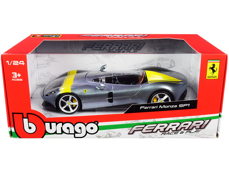 Ferrari Monza SP1 Silver Metallic with Yellow Stripes 1/24 Diecast Model Car by Bburago free shipping USA