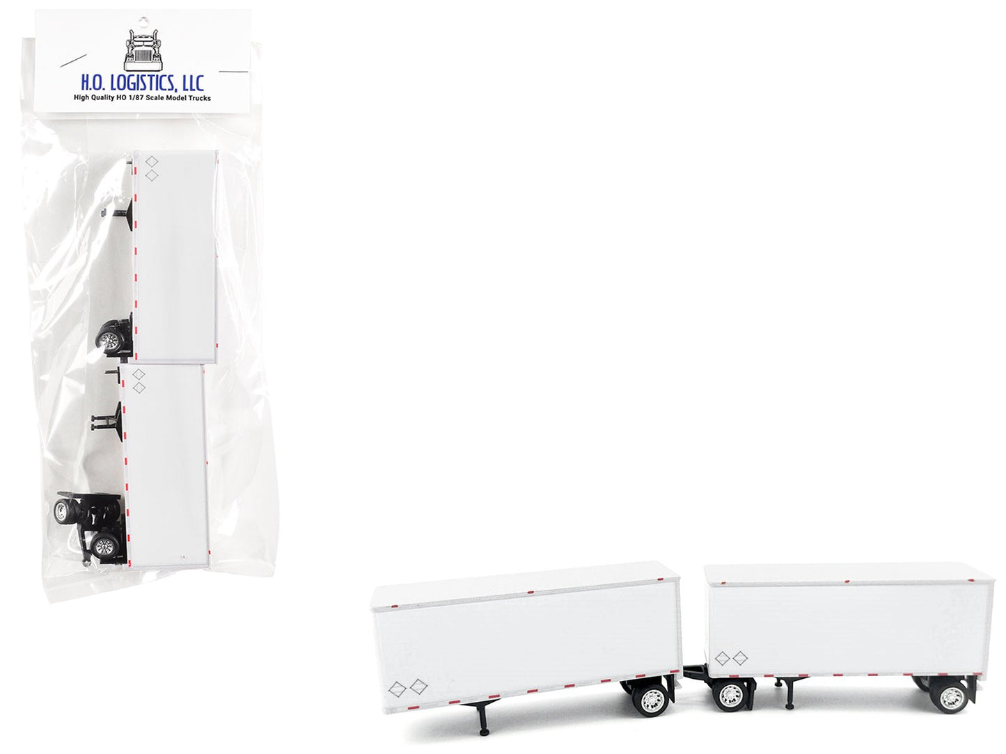 28' Dry Van Double Pup Trailers White Set of 2 pieces 1/87 (HO) Scale Plastic Model by HO Logistics free shipping USA