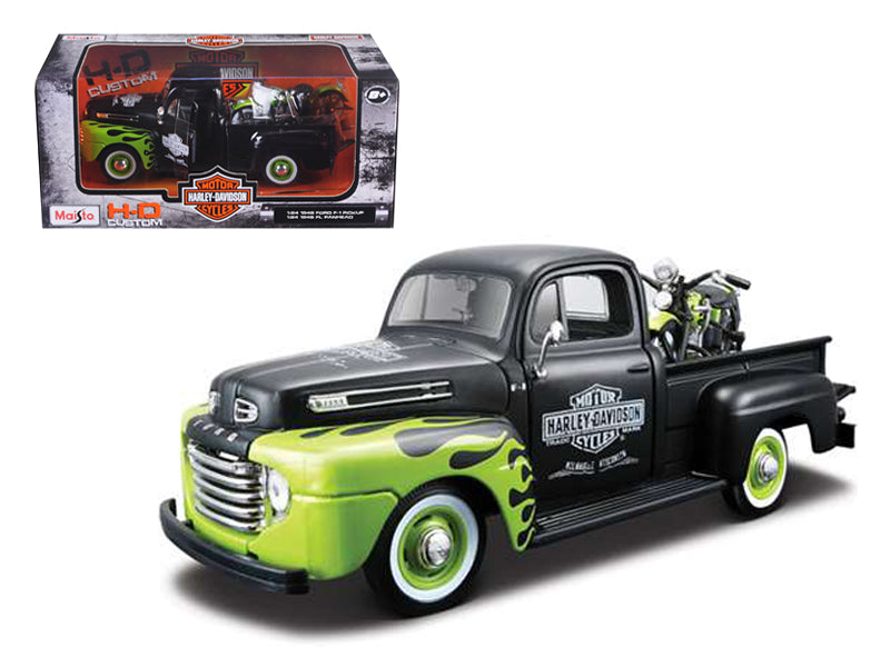 1948 Ford F-1 Pickup Truck "Harley Davidson" with 1948 Harley Davidson FL Panhead Motorcycle Black and Green 1/24 Diecast Models by Maisto free shipping USA