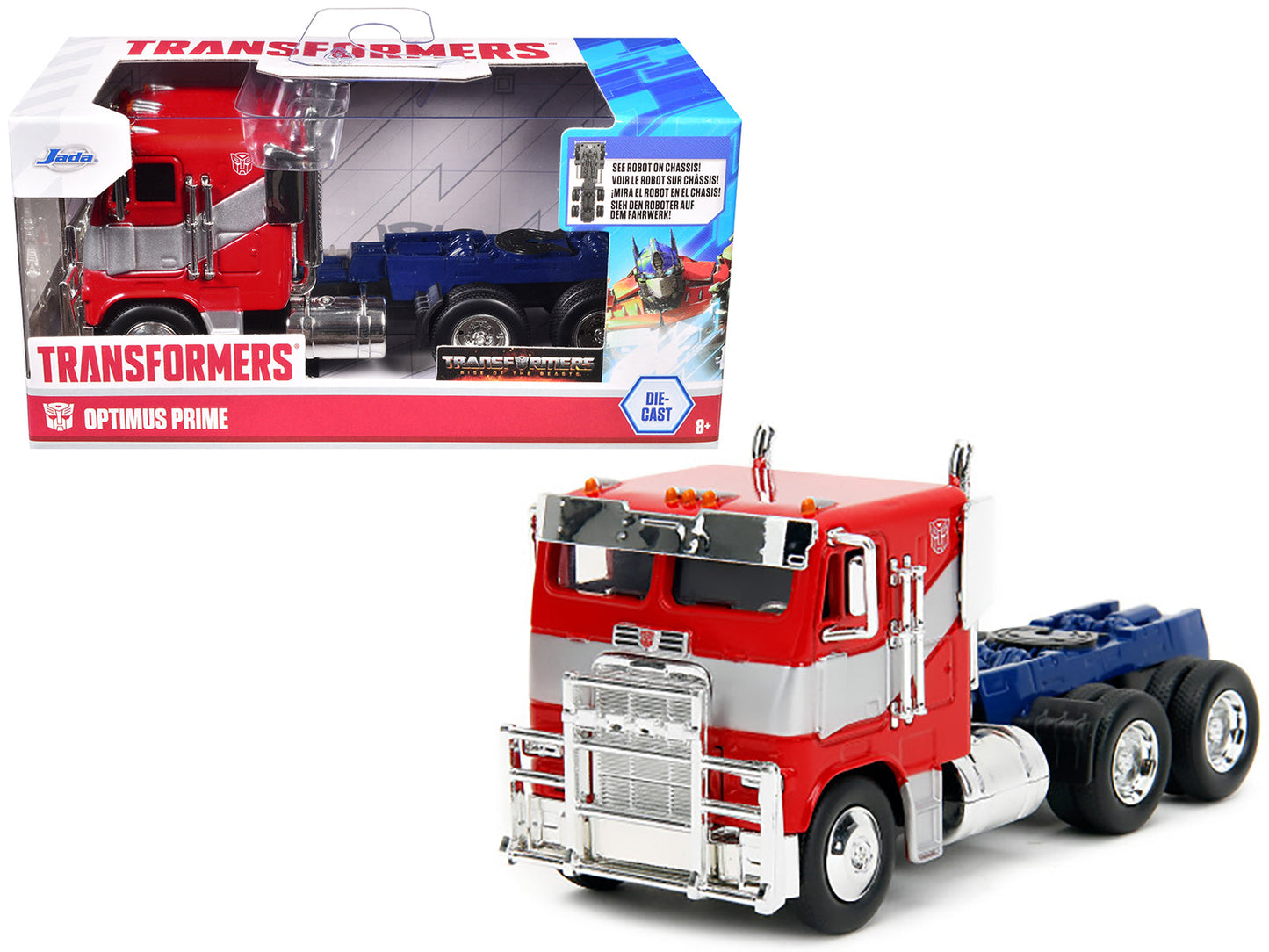 Optimus Prime Tractor Truck Red and Blue with Silver Stripes "Transformers: Rise of the Beasts" (2023) Movie "Hollywood Rides" Series 1/32 Diecast Model Car by Jada free shipping USA