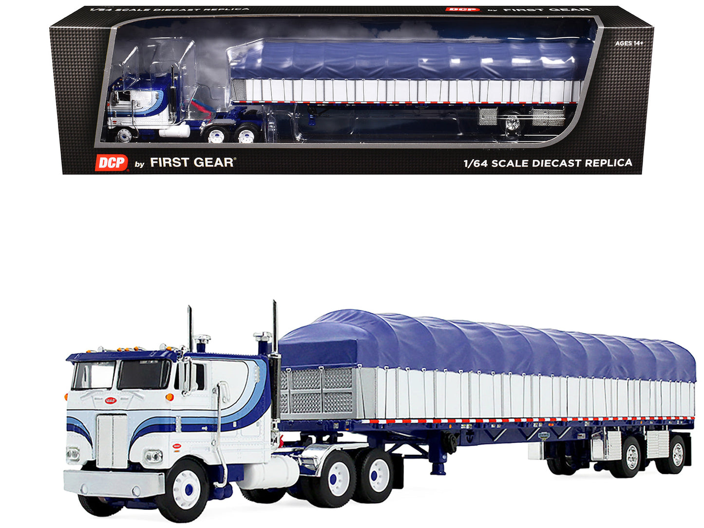 Peterbilt 352 COE 110" Sleeper and 53’ Wilson Roadbrute Flatbed Trailer with Covered Wagon White with Blue Stripes 1/64 Diecast Model by DCP/First Gear free shipping USA
