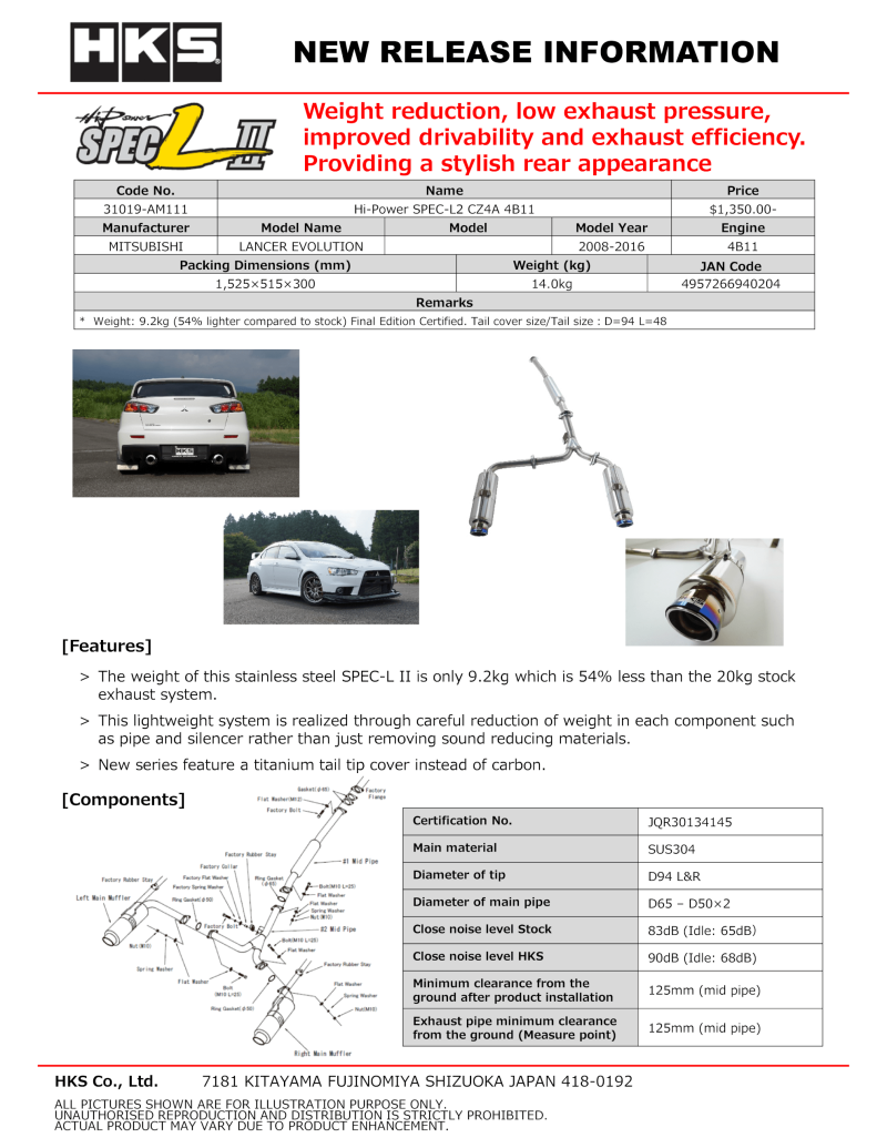 HKS Hi-Power Spec-L2 Cz4A 4B11 31019-Am111