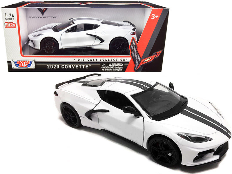 2020 Chevrolet Corvette C8 Stingray White with Gray Stripes 1/24 Diecast Model Car by Motormax free shipping USA