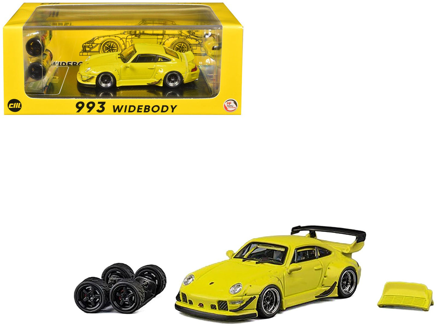 993 Widebody Yellow with Extra Wheels and Spoiler 1/64 Diecast Model Car by CM Model free shipping USA