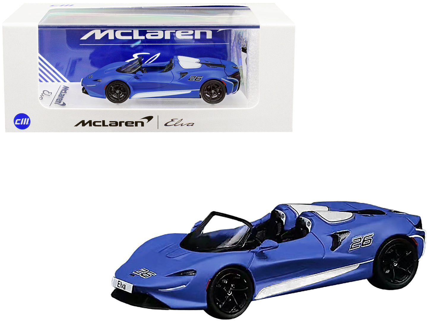 McLaren Elva Convertible #26 Matt Blue with White Stripes and Extra Wheels 1/64 Diecast Model Car by CM Model free shipping USA