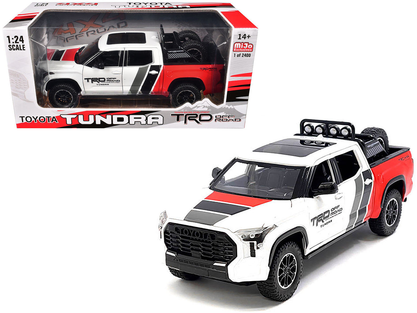 2023 Toyota Tundra TRD 4x4 Pickup Truck White and Red with Black and Gray Stripes with Sunroof and Wheel Rack Limited Edition to 2400 pieces Worldwide 1/24 Diecast Model Car free shipping USA
