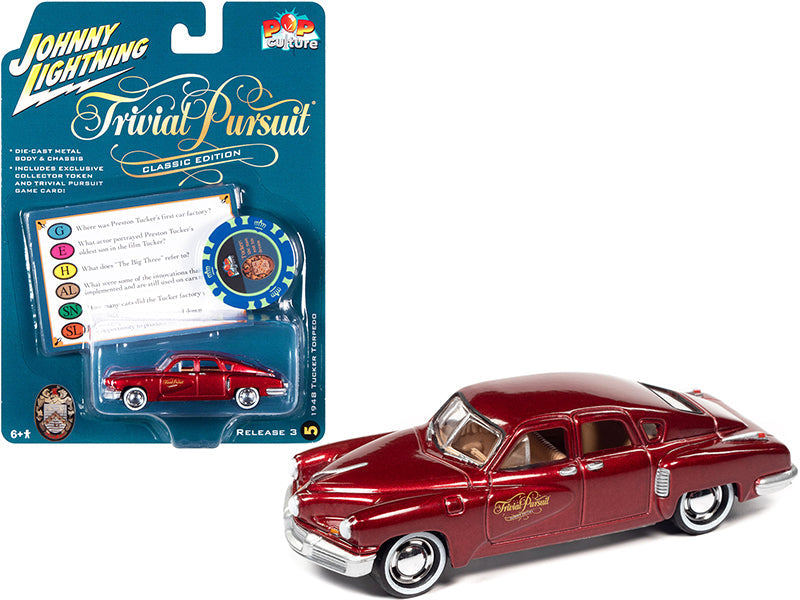 1948 Tucker Torpedo Red Maroon Metallic "Tucker: The Man and His Dream" (1988) Movie with Poker Chip (Collector Token) and Game Card "Trivial Pursuit" "Pop Culture" Series 3 1/64 Diecast Model Car by Johnny Lightning free shipping USA