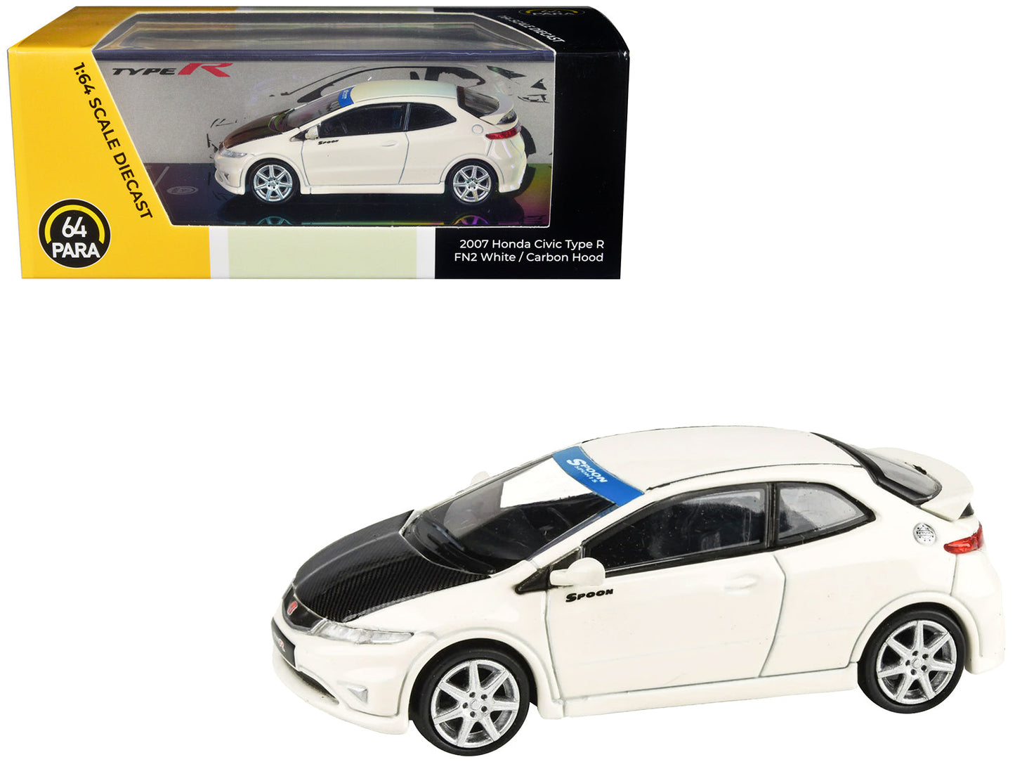 2007 Honda Civic Type R FN2 Championship White with Carbon Hood 1/64 Diecast Model Car by Paragon Models free shipping USA