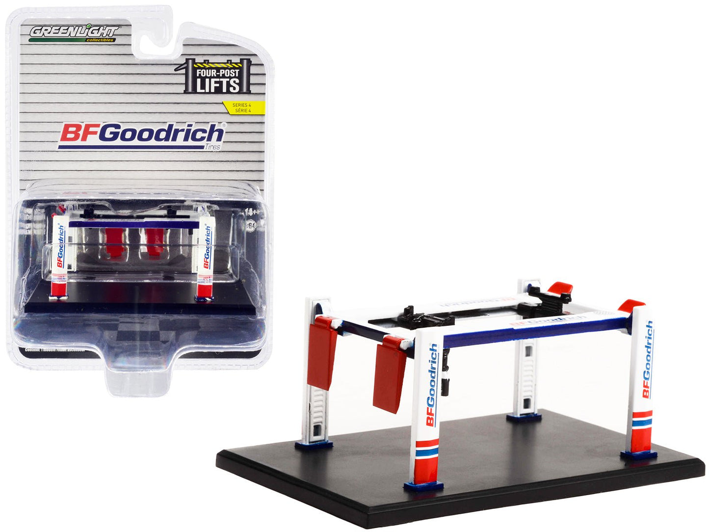 Adjustable Four-Post Lift "BFGoodrich" White and Red "Four-Post Lifts" "Four-Post Lifts" Series 4 1/64 Diecast Model by Greenlight free shipping USA