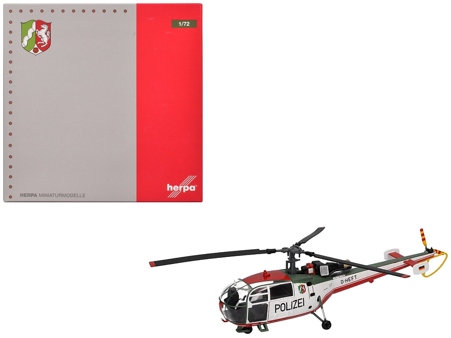 Aerospatiale Alouette III Helicopter "Polizeifliegerstaffel Nordrhein-Westfalen (Police Aviation Squadron North Rhine-Westphalia)" (D-HEFT) White with Red and Green Stripes 1/72 Diecast Model by Herpa free shipping USA