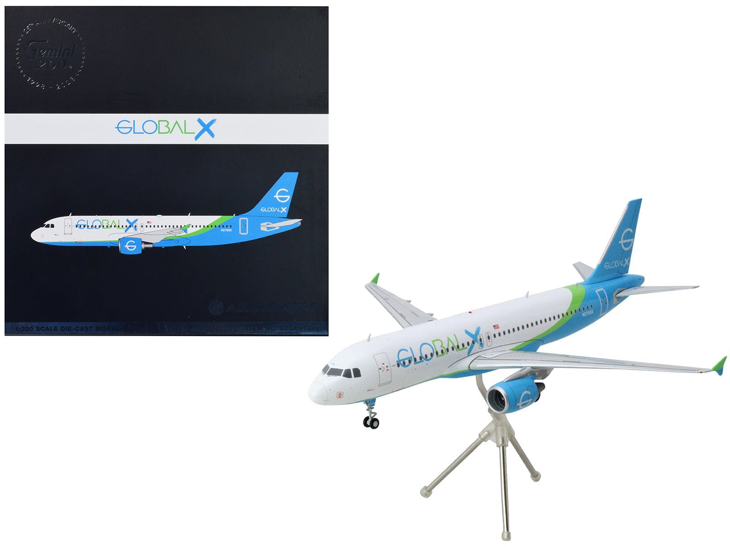 Airbus A320 Commercial Aircraft "GlobalX Airlines" White with Blue and Green Tail "Gemini 200" Series 1/200 Diecast Model Airplane by GeminiJets free shipping USA