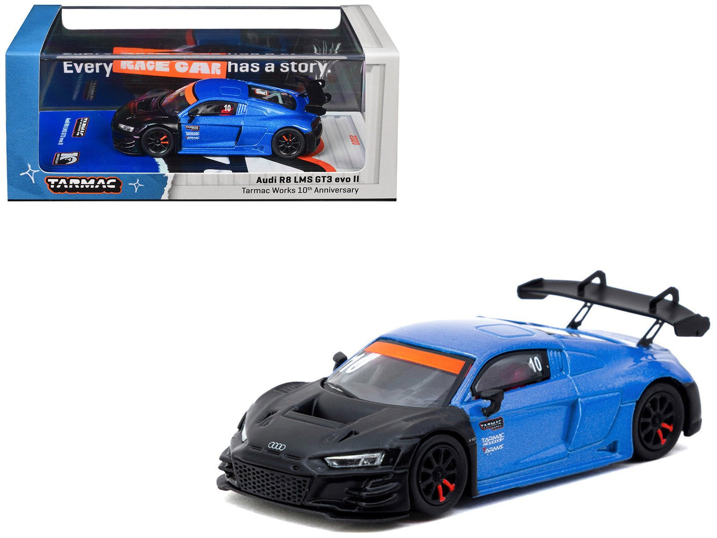 Audi R8 LMS GT3 evo II #10 "Tarmac Works 10th Anniversary" Blue Metallic and Matt Black "Hobby64" Series 1/64 Diecast Model Car by Tarmac Works free shipping USA