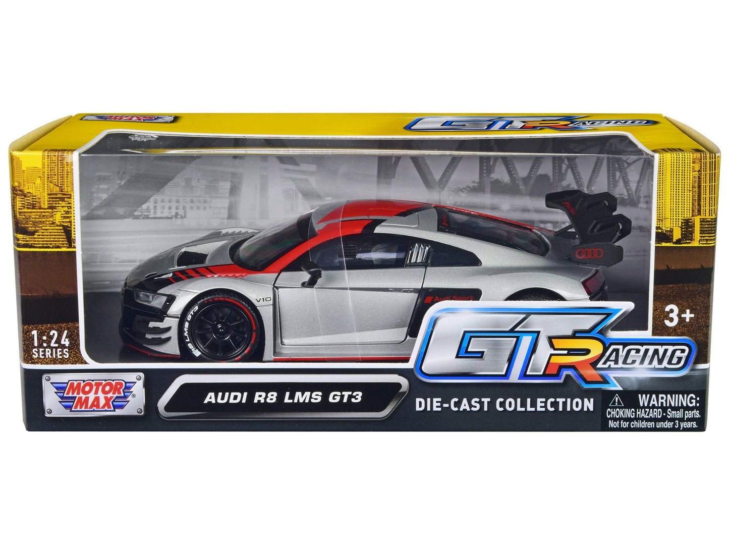 Audi R8 LMS GT3 Silver Metallic with Graphics "GT Racing" Series 1/24 Diecast Model Car by Motormax free shipping USA