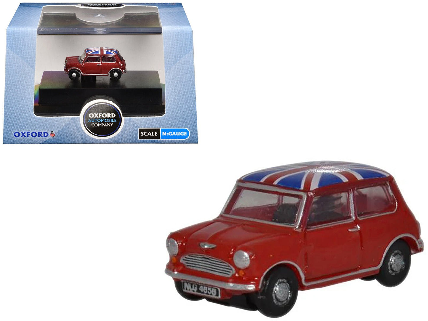 Austin Mini RHD (Right Hand Drive) Tartan Red with Union Jack Top 1/148 (N) Scale Diecast Model Car by Oxford Diecast free shipping USA