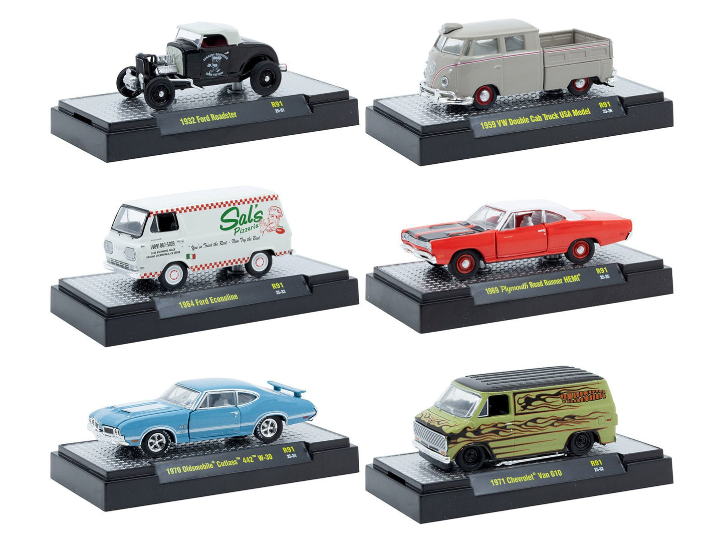"Auto Meets" Set of 6 Cars IN DISPLAY CASES Release 91 Limited Edition 1/64 Diecast Model Cars by M2 Machines free shipping USA
