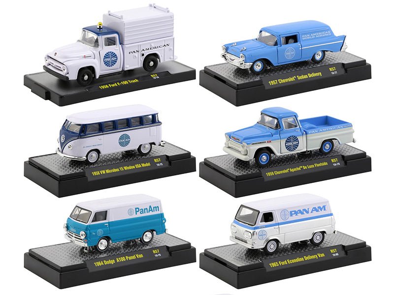 "Auto Trucks" Set of 6 pieces Release 57 "Pan American World Airways" (Pan Am) IN DISPLAY CASES 1/64 Diecast Model Cars by M2 Machines free shipping USA