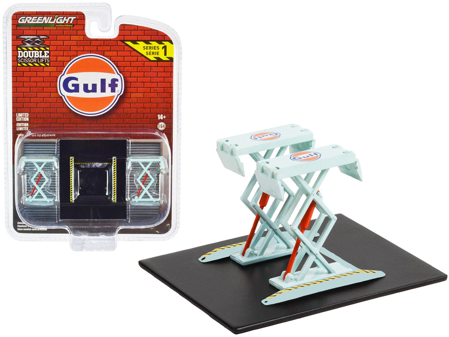 Automotive Double Scissor Lift "Gulf Oil" Light Blue "Double Scissor Lifts" Series 1 1/64 Diecast Model by Greenlight free shipping USA