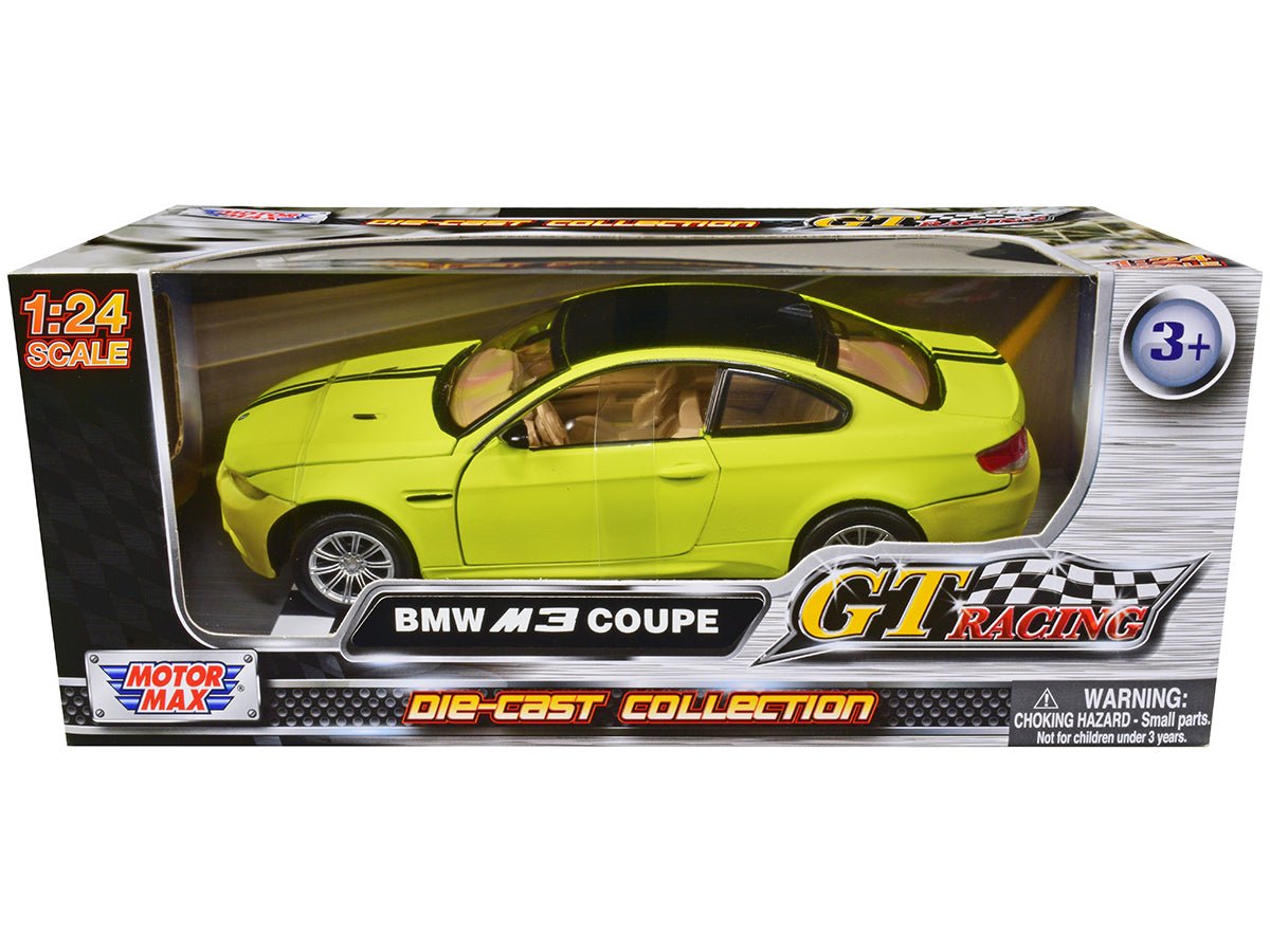 BMW M3 Coupe Neon Yellow with Matt Black Top and Stripes "GT Racing" Series 1/24 Diecast Model Car by Motormax free shipping USA