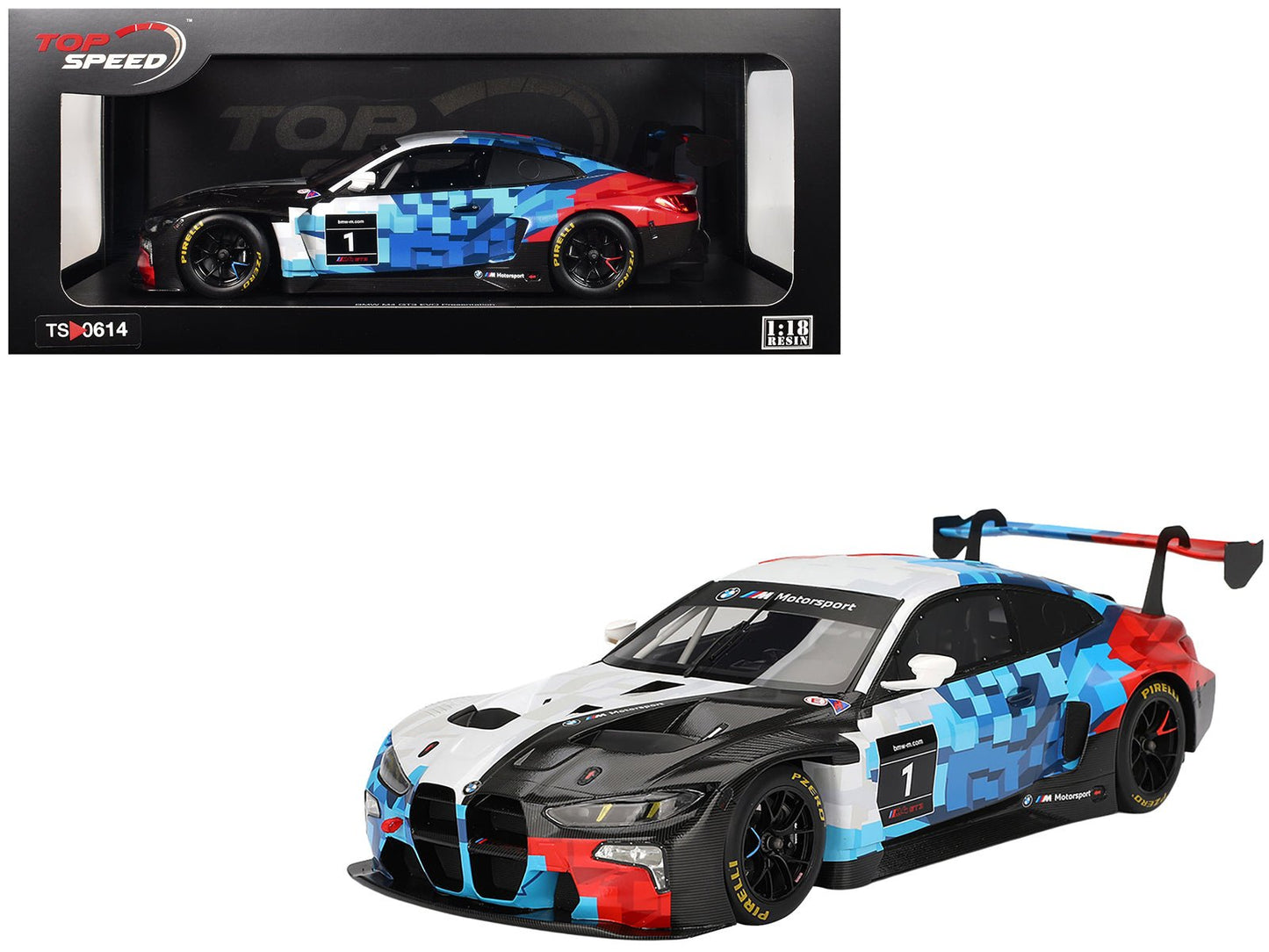BMW M4 GT3 EVO Presentation #1 White with Carbon Blue and Red Graphics 1/18 Model Car by Top Speed free shipping USA