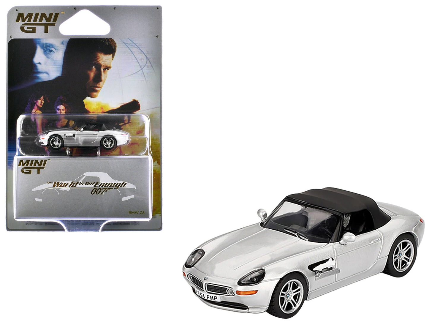 BMW Z8 Silver Metallic with Black Soft Top 007 James Bond "The World Is Not Enough" (1999) Movie Limited Edition 1/64 Diecast Model Car by Mini GT free shipping USA