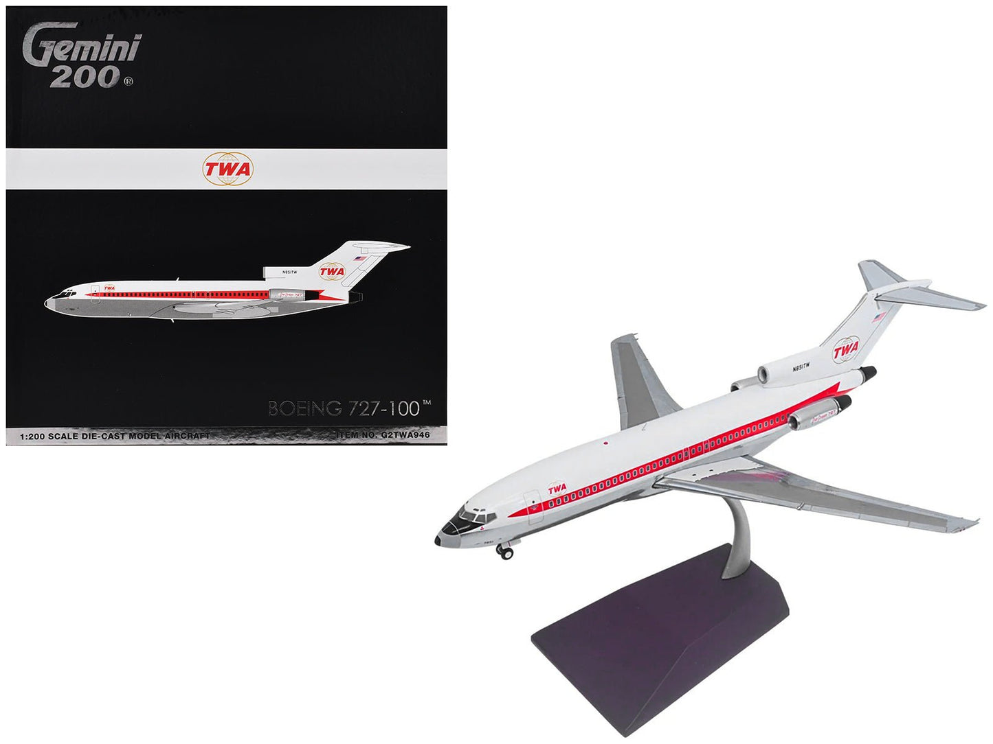 Boeing 727-100 Commercial Aircraft "Trans World Airlines (TWA)" (N851TW) White with Red Stripes "Gemini 200" Series 1/200 Diecast Model Airplane by GeminiJets free shipping USA
