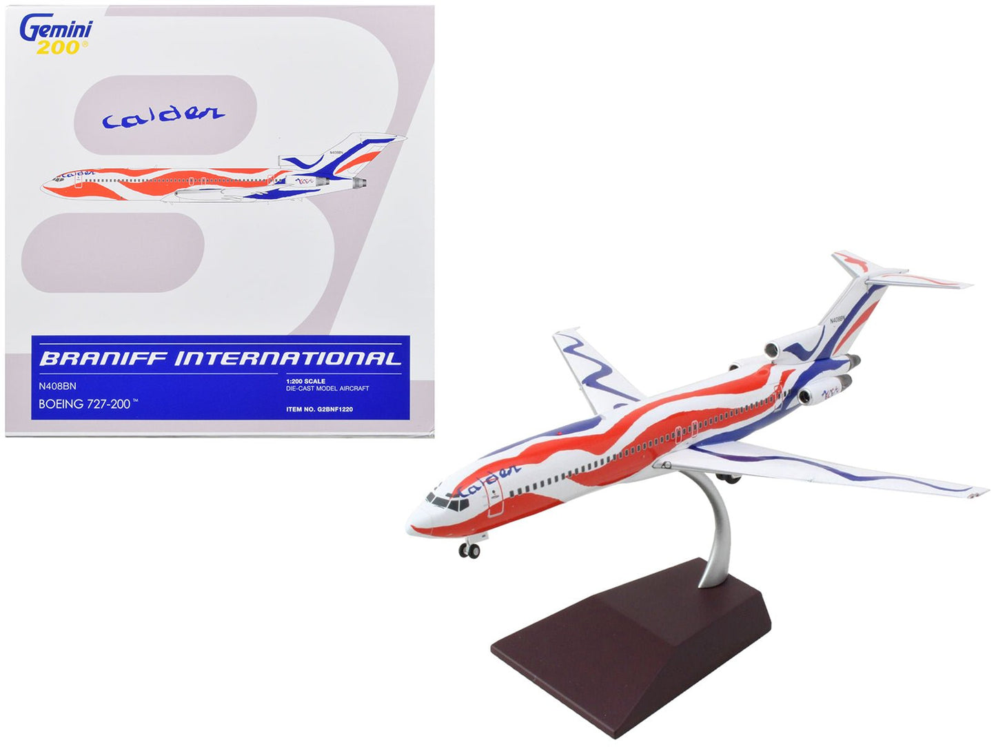 Boeing 727-200 Commercial Aircraft "Braniff International Airways - Calder Bicentennial Livery" White with Red and Blue Stripes "Gemini 200" Series 1/200 Diecast Model Airplane by GeminiJets free shipping USA