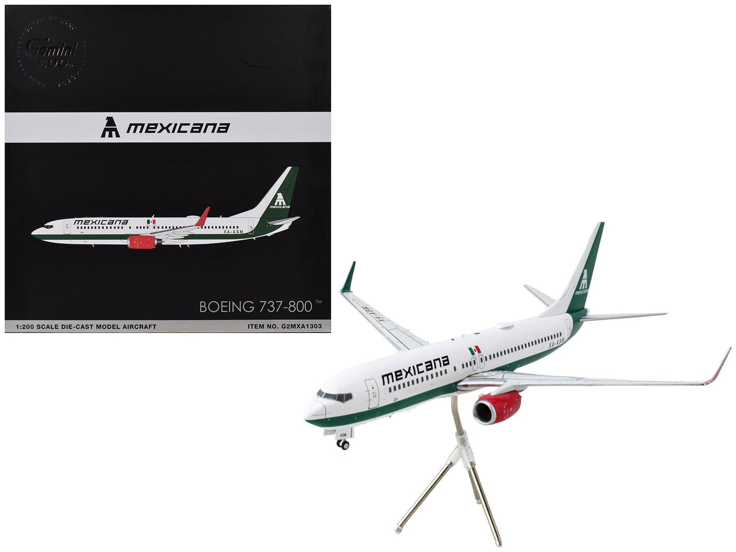 Boeing 737-800 Commercial Aircraft "Mexicana" (XA-ASM) White with Green Stripes "Gemini 200" Series 1/200 Diecast Model Airplane by GeminiJets free shipping USA