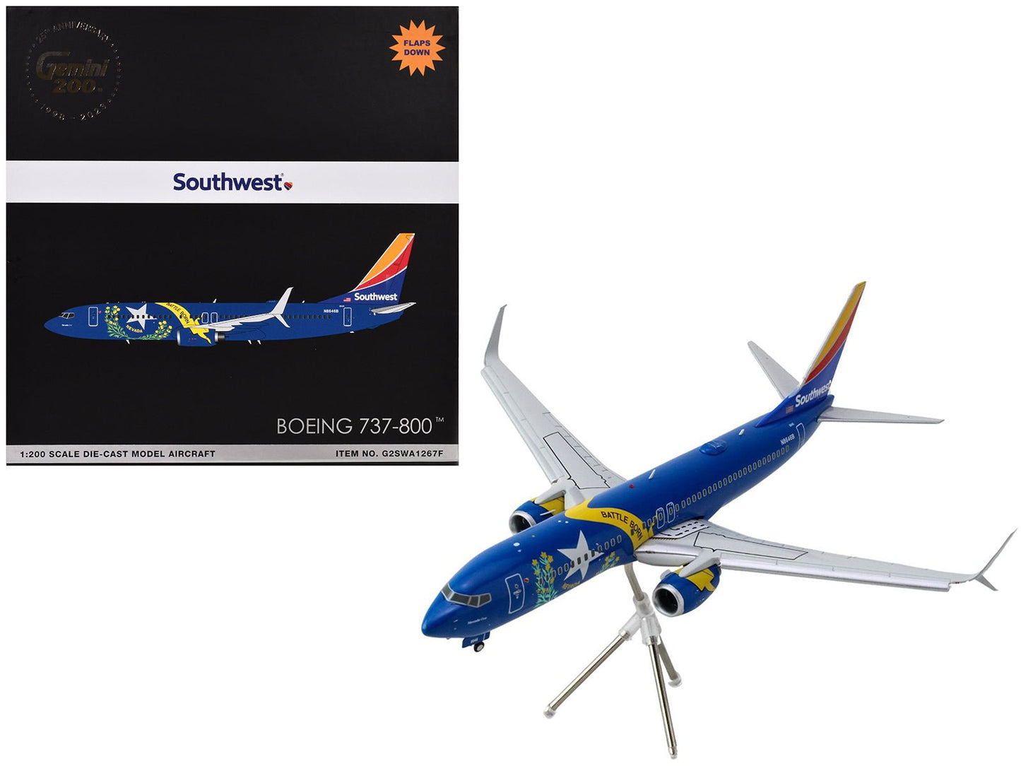 Boeing 737-800 Commercial Aircraft with Flaps Down "Southwest Airlines - Nevada One" (N8646B) Blue with Tail Stripes "Gemini 200" Series 1/200 Diecast Model Airplane by GeminiJets free shipping USA