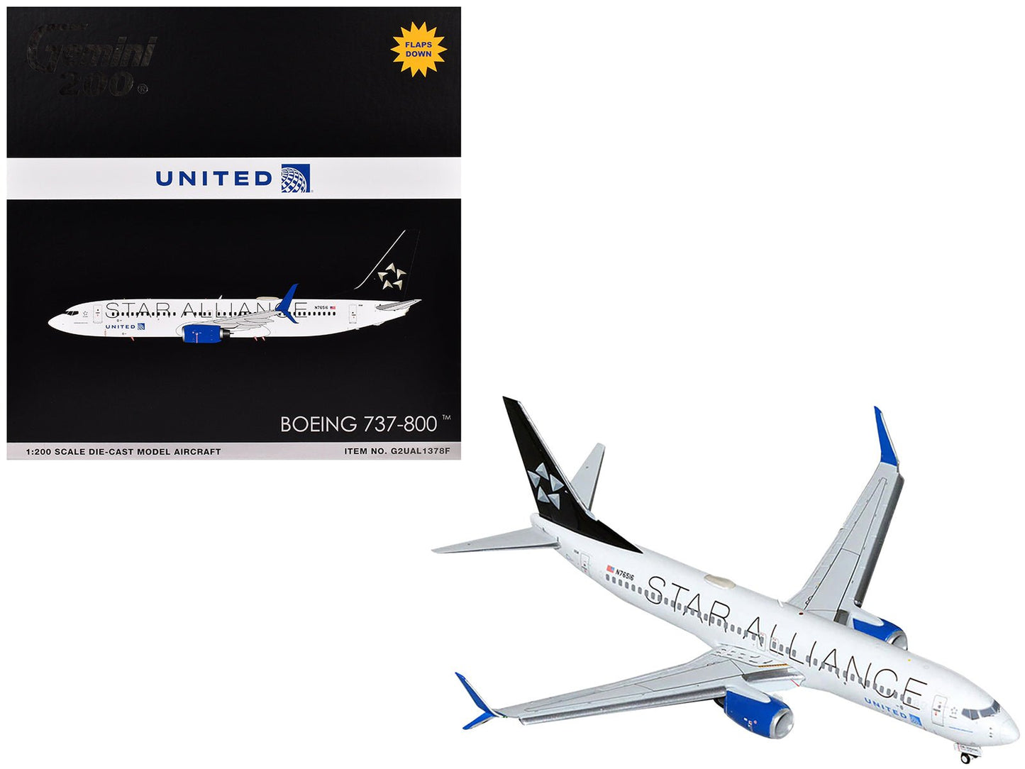 Boeing 737-800 Commercial Aircraft with Flaps Down "United Airlines Star Alliance" (N76516) White with Black Tail "Gemini 200" Series 1/200 Diecast Model Airplane by GeminiJets free shipping USA