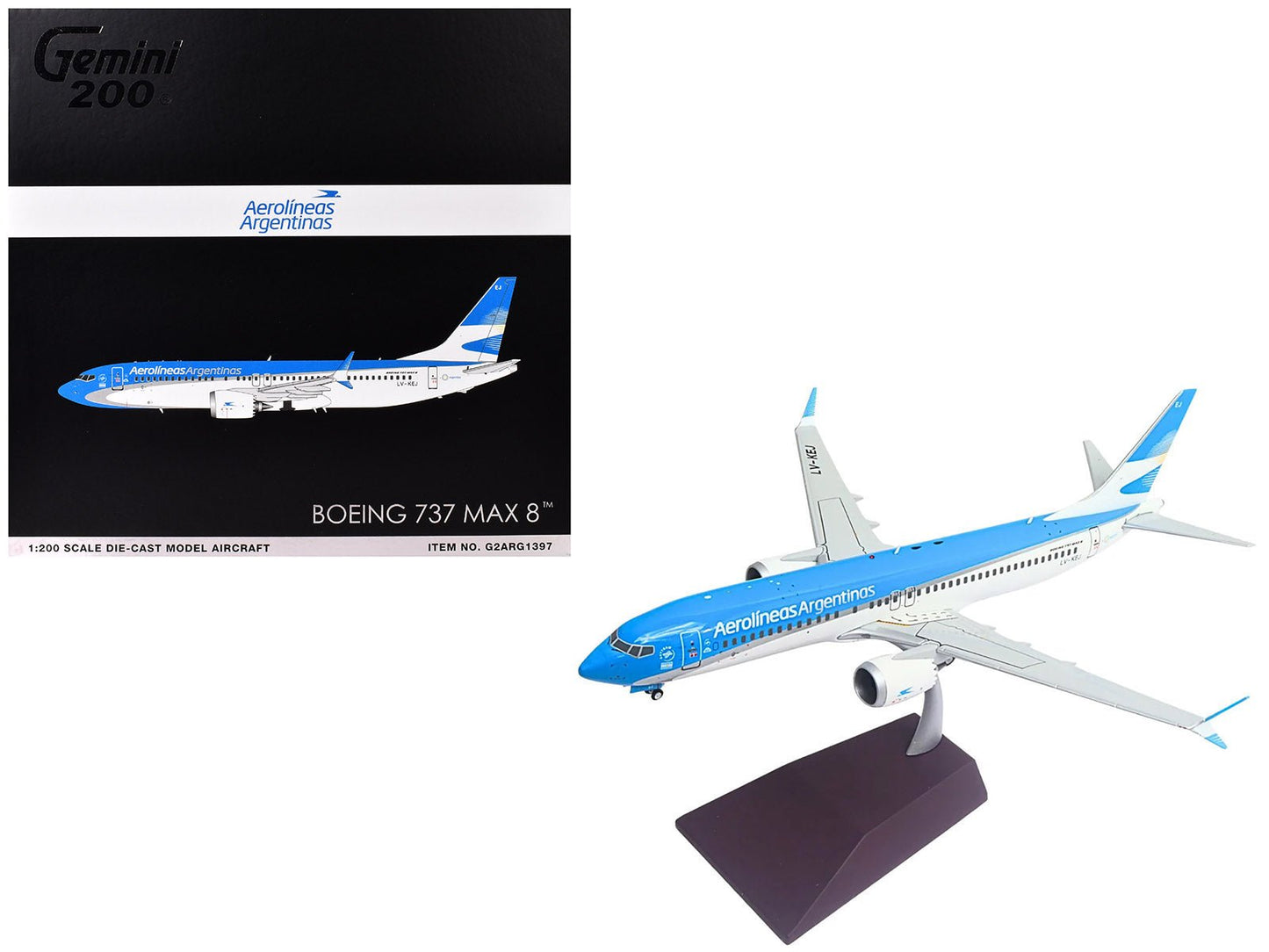 Boeing 737 MAX 8 Commercial Aircraft "Aerolineas Argentinas" (LV-KEJ) White and Blue "Gemini 200" Series 1/200 Diecast Model Airplane by GeminiJets free shipping USA