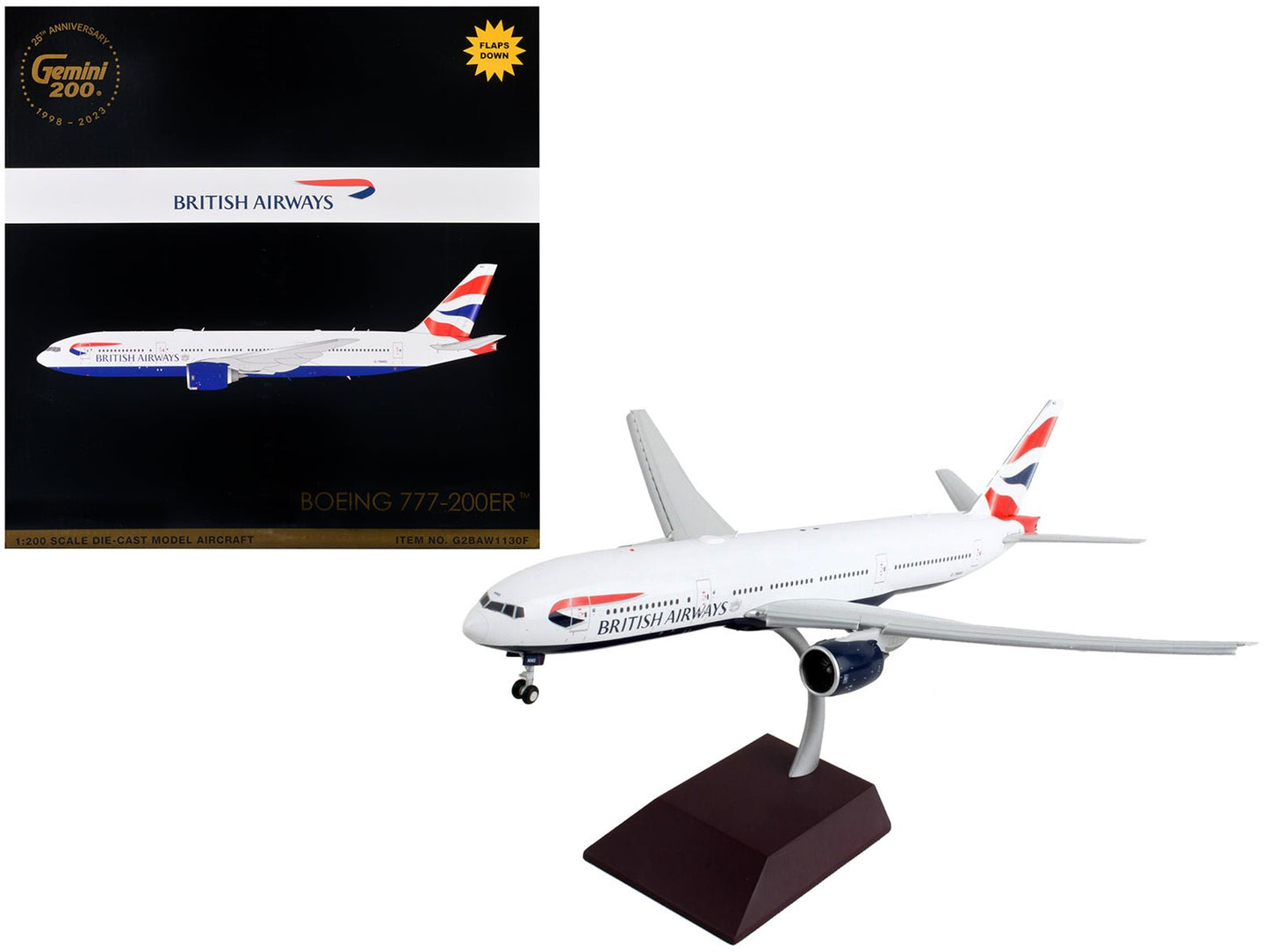 Boeing 777-200ER Commercial Aircraft with Flaps Down "British Airways" White with Striped Tail "Gemini 200" Series 1/200 Diecast Model Airplane by GeminiJets free shipping USA