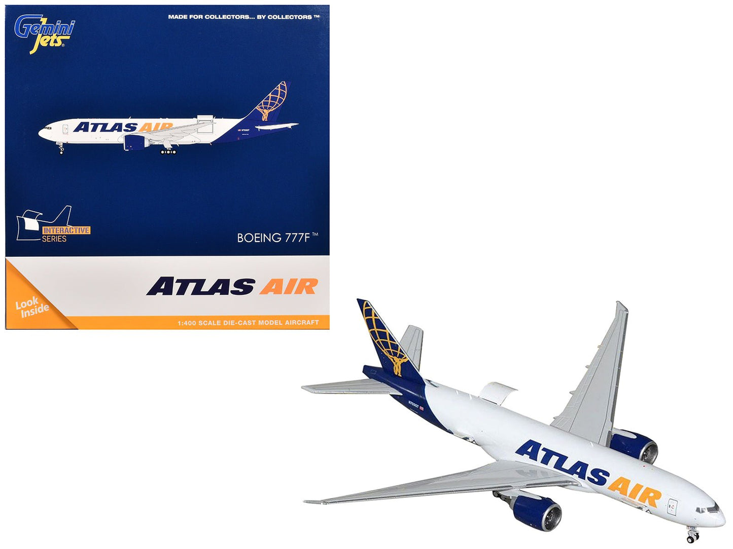 Boeing 777-200LRF Commercial Aircraft "Atlas Air" (N703GT) White with Blue Tail "Interactive Series" 1/400 Diecast Model Airplane by GeminiJets free shipping USA