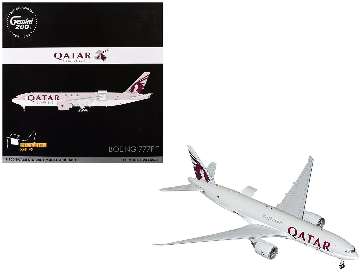 Boeing 777F Commercial Aircraft "Qatar Cargo" (A7-BFT) Gray with Tail Graphics "Gemini 200 - Interactive" Series 1/200 Diecast Model Airplane by GeminiJets free shipping USA
