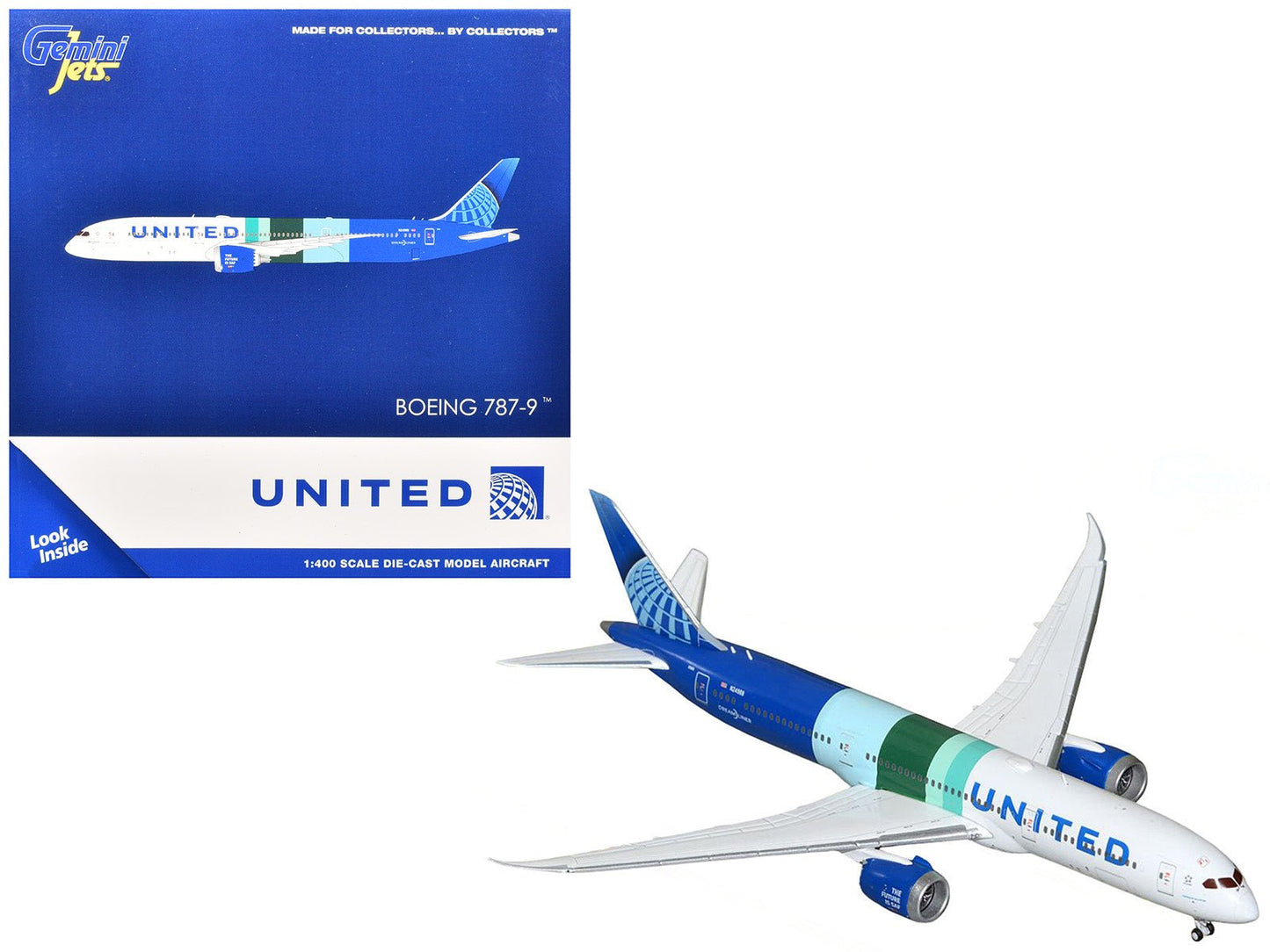 Boeing 787-9 Commercial Aircraft "United Airlines - The Future is SAF" (N24988) White and Blue with Stripes 1/400 Diecast Model Airplane by GeminiJets free shipping USA