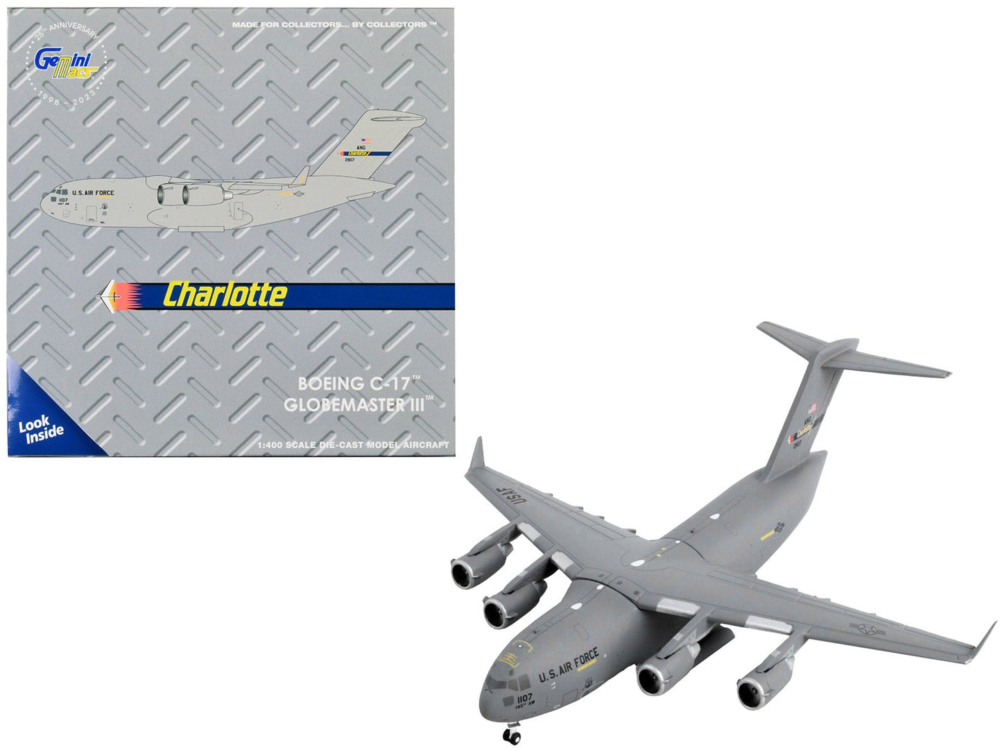 Boeing C-17 Globemaster III Transport Aircraft "Charlotte Air National Guard - United States Air Force" Gray "Gemini Macs" Series 1/400 Diecast Model Airplane by GeminiJets free shipping USA