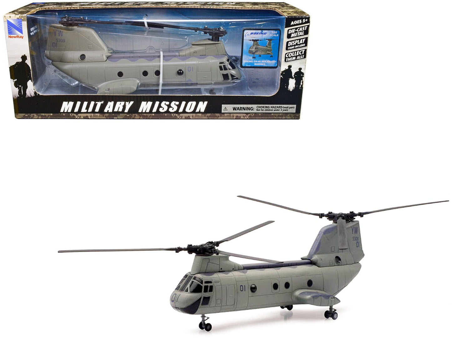 Boeing CH-46 Sea Knight Helicopter Olive Drab "United States Marines" "Military Mission" Series 1/55 Diecast Model by New Ray free shipping USA
