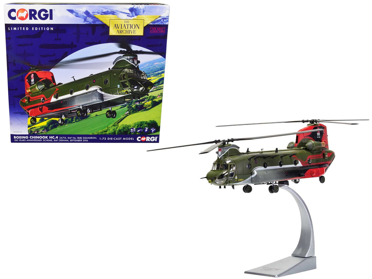Boeing Chinook HC.4 Helicopter "ZA712 RAF No.18 (B) Squadron 100 Years Anniversary Scheme RAF Odiham" (September 2016) Royal Air Force "The Aviation Archive" Series 1/72 Diecast Model by Corgi free shipping USA