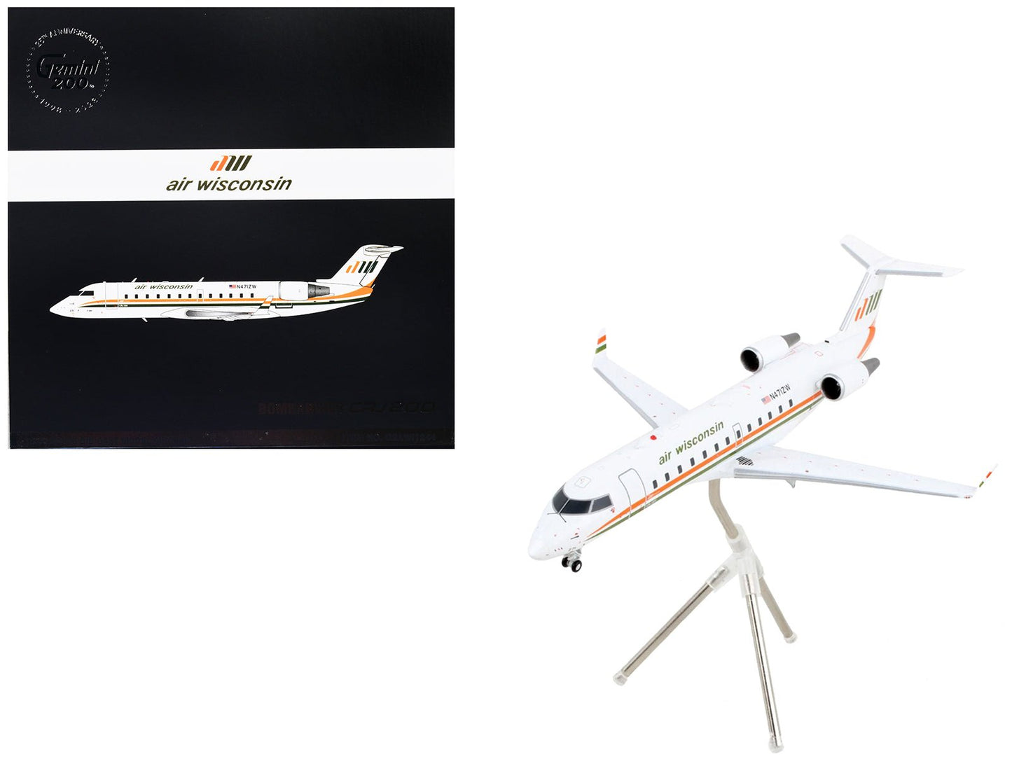 Bombardier CRJ200 Commercial Aircraft "Air Wisconsin" White with Orange and Green Stripes "Gemini 200" Series 1/200 Diecast Model Airplane by GeminiJets free shipping USA