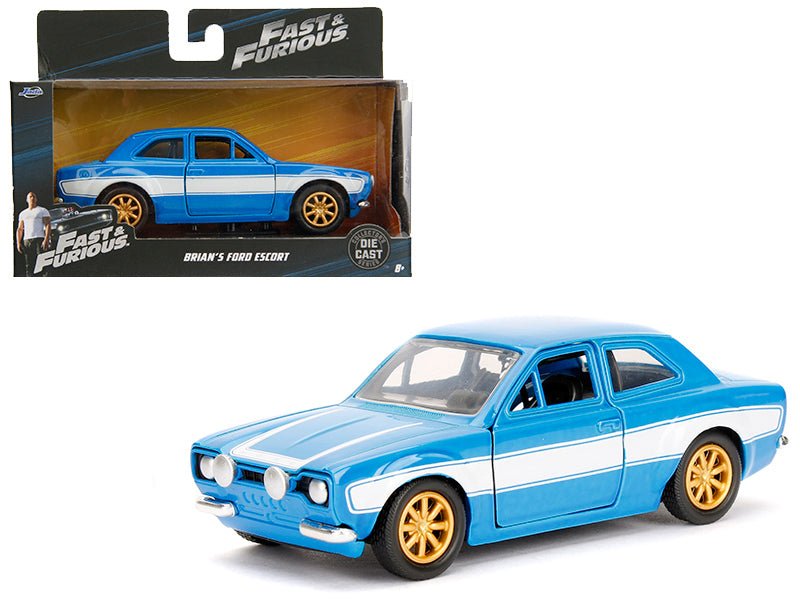 Brian's Ford Escort Light Blue with White Stripes "Fast & Furious" Movie 1/32 Diecast Model Car by Jada free shipping USA