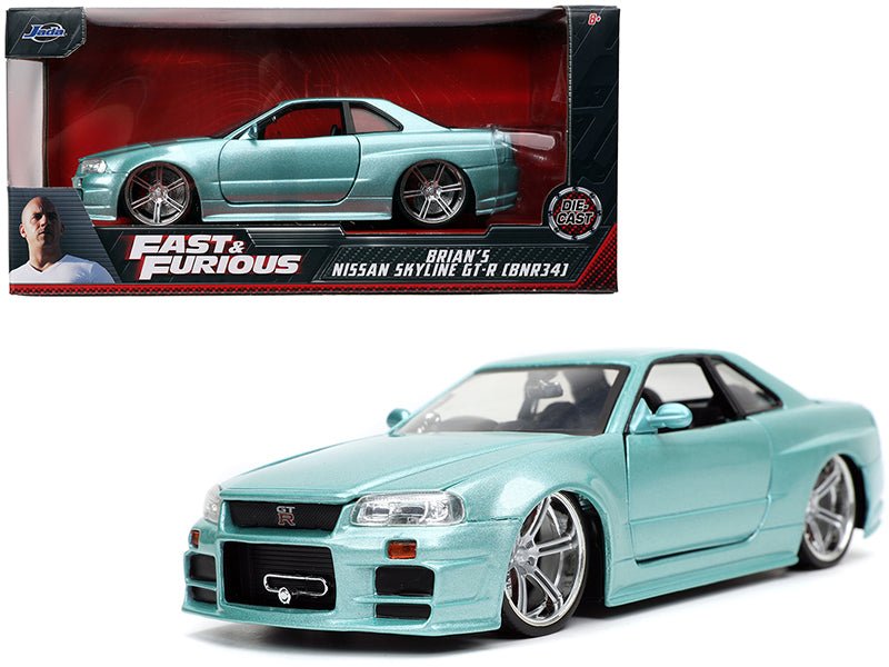 Brian's Nissan Skyline GT-R (BNR34) RHD (Right Hand Drive) Turquoise Metallic "Fast & Furious" Movie 1/24 Diecast Model Car by Jada free shipping USA
