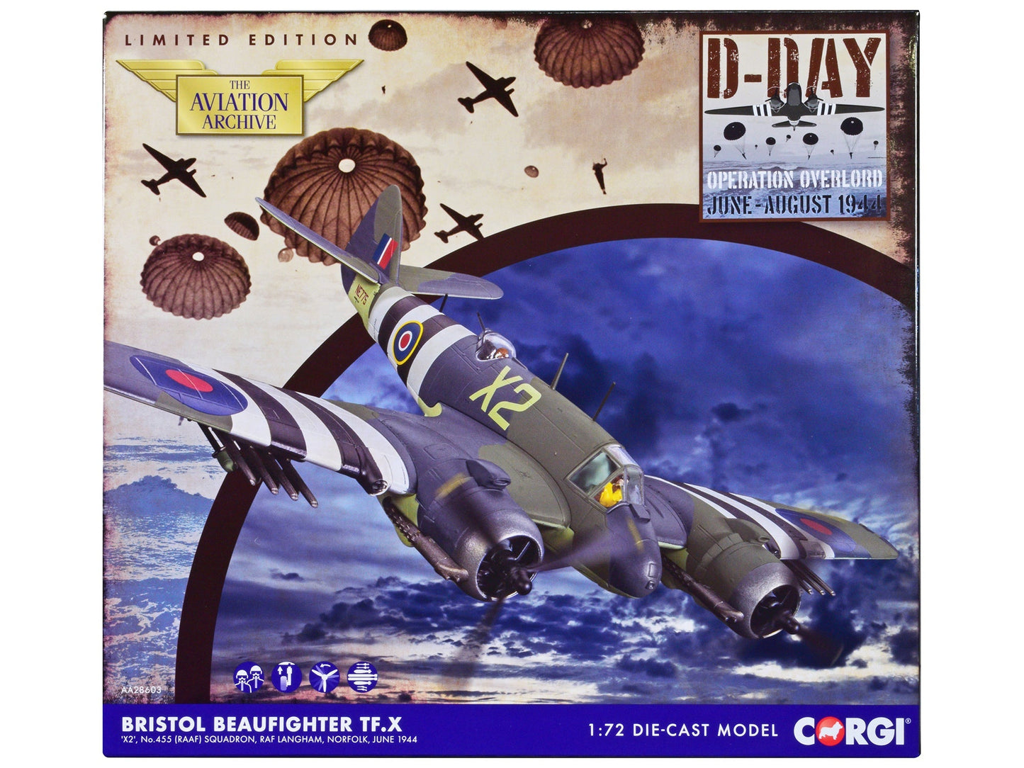 Bristol Beaufighter TF.X Fighter Aircraft "NE775/X2 455 Squadron RAF Langham Norfolk" (1944) British Royal Air Force "The Aviation Archive" Series 1/72 Diecast Model by Corgi free shipping USA